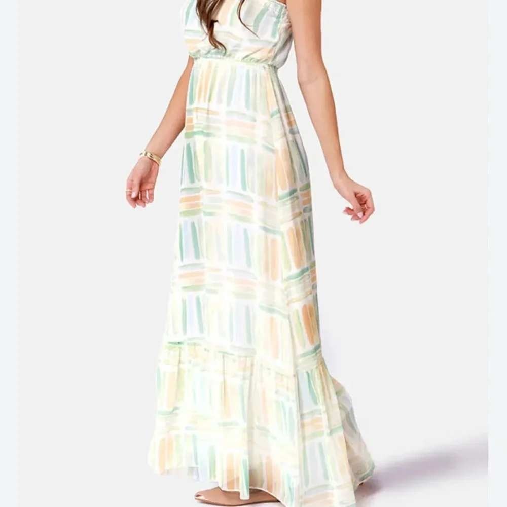Quiksilver Strapless Chiffon Ruffle Maxi Dress in Pastel Watercolor Print Size S